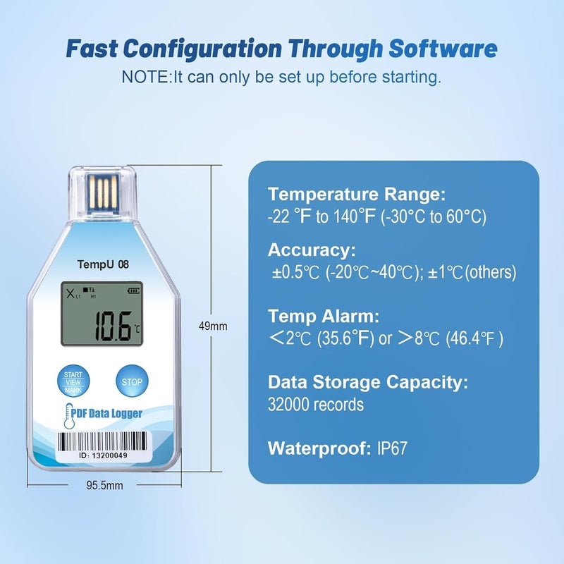 T-ZONE Digital Temperature Data Logger USB Single Use Temp Recorder 5 Packs,Disposable Freezer Thermometer Recording 200 Days with Auto Reports for Cold Chain Medical Refrigerator Lab IP67 Waterproof - Image 4